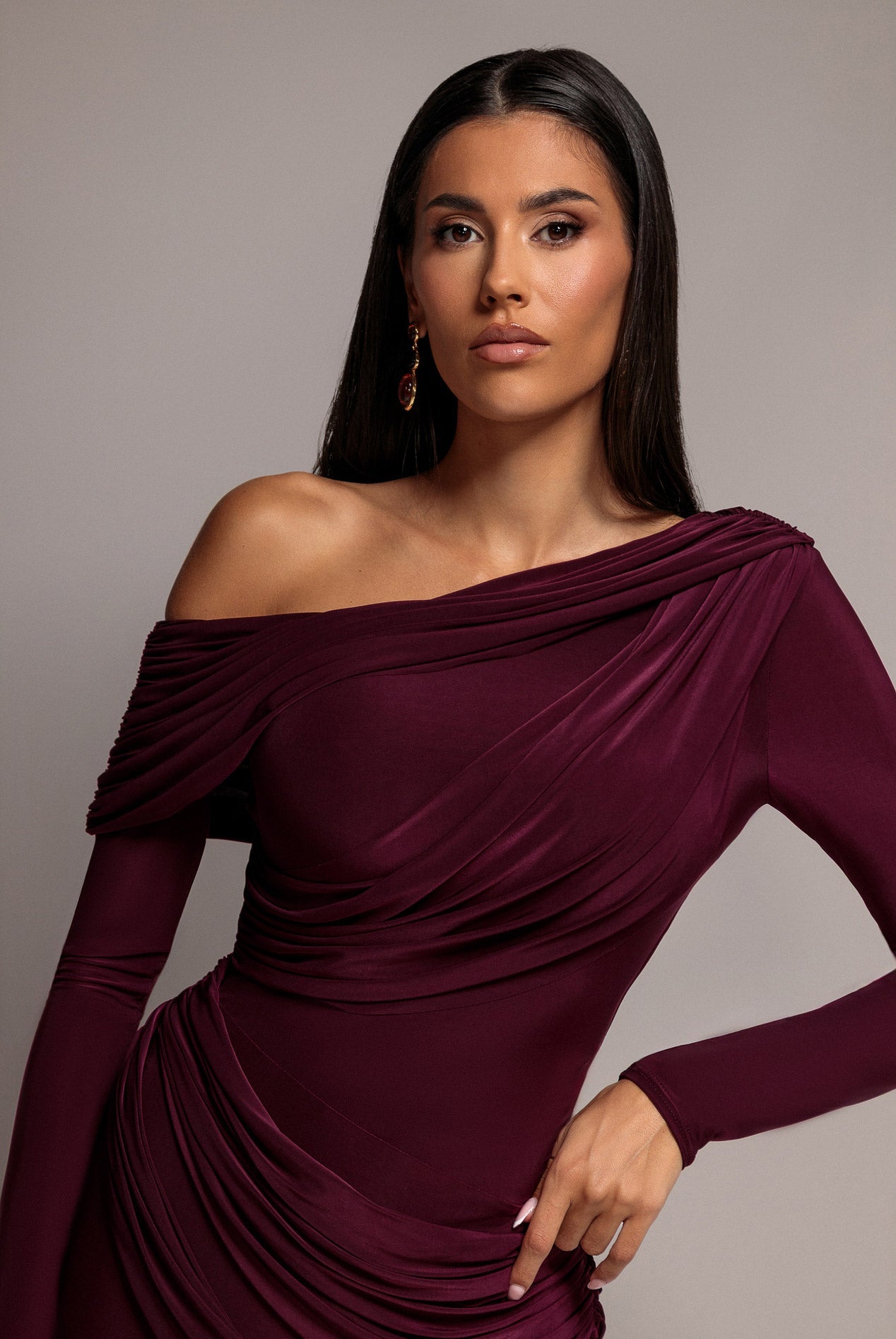Goddiva Off Shoulder Gathered Panel Soft Touch Maxi Dress - Plum
