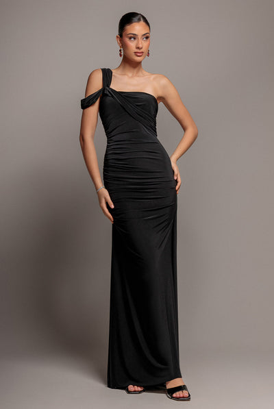 Black - Goddiva One Shoulder Asymmetric Twist Maxi Dress - Black