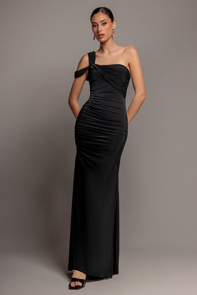 Black - Goddiva One Shoulder Asymmetric Twist Maxi Dress - Black