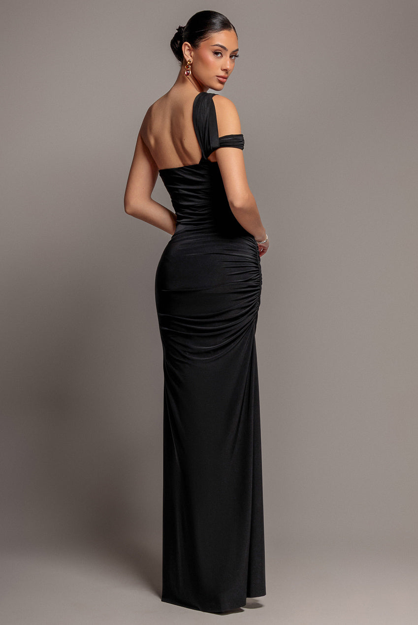 Goddiva One Shoulder Asymmetric Twist Maxi Dress - Black