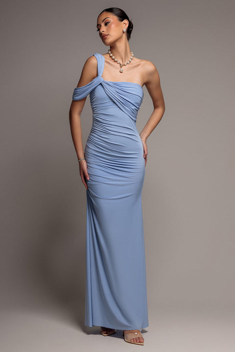 Goddiva One Shoulder Asymmetric Twist Maxi Dress - Blue