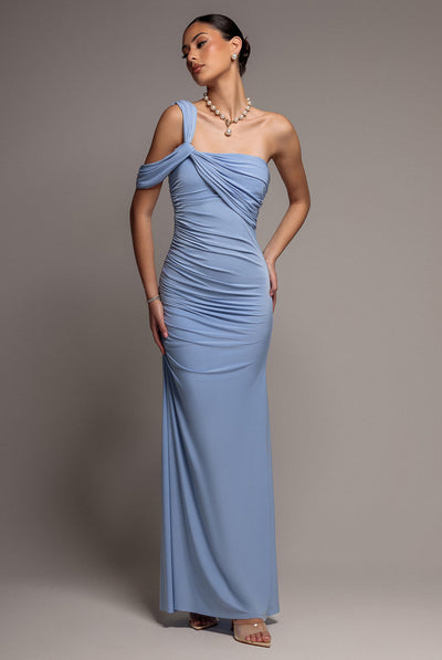 Blue - Goddiva One Shoulder Asymmetric Twist Maxi Dress - Blue