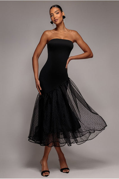 Black - Goddiva Strapless Asymmetric Tiered Midaxi Dress - Black