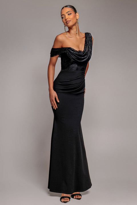Goddiva Lace Cowl One Shoulder Scuba Crepe Maxi Dress - Black