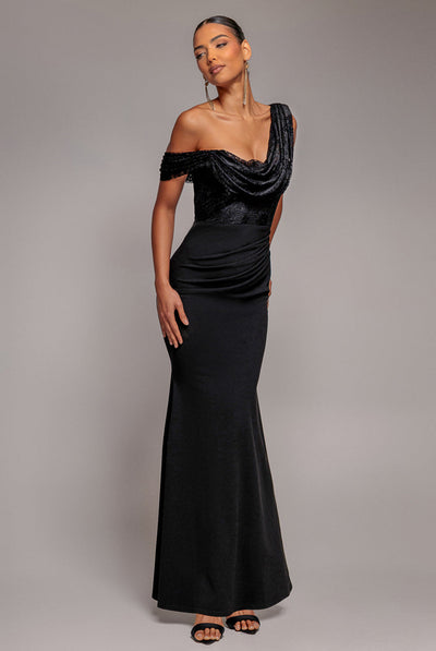 Black - Goddiva Lace Cowl One Shoulder Scuba Crepe Maxi Dress - Black