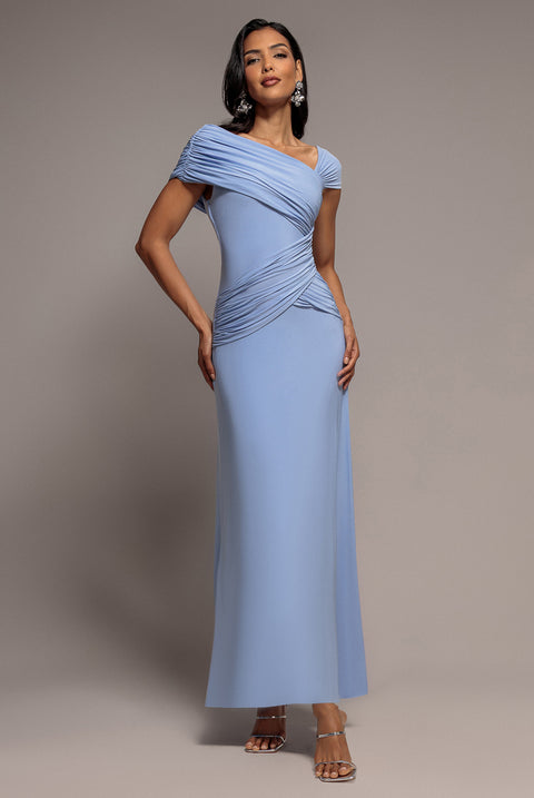 Goddiva Asymmetric Neck Gathered Waist Maxi Dress - Blue
