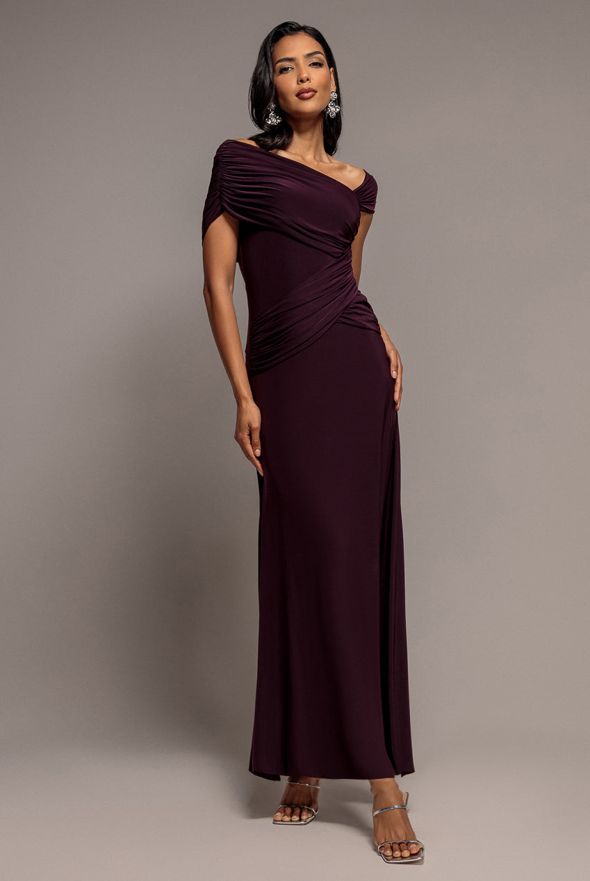 Goddiva Asymmetric Neck Gathered Waist Maxi Dress - Burgundy