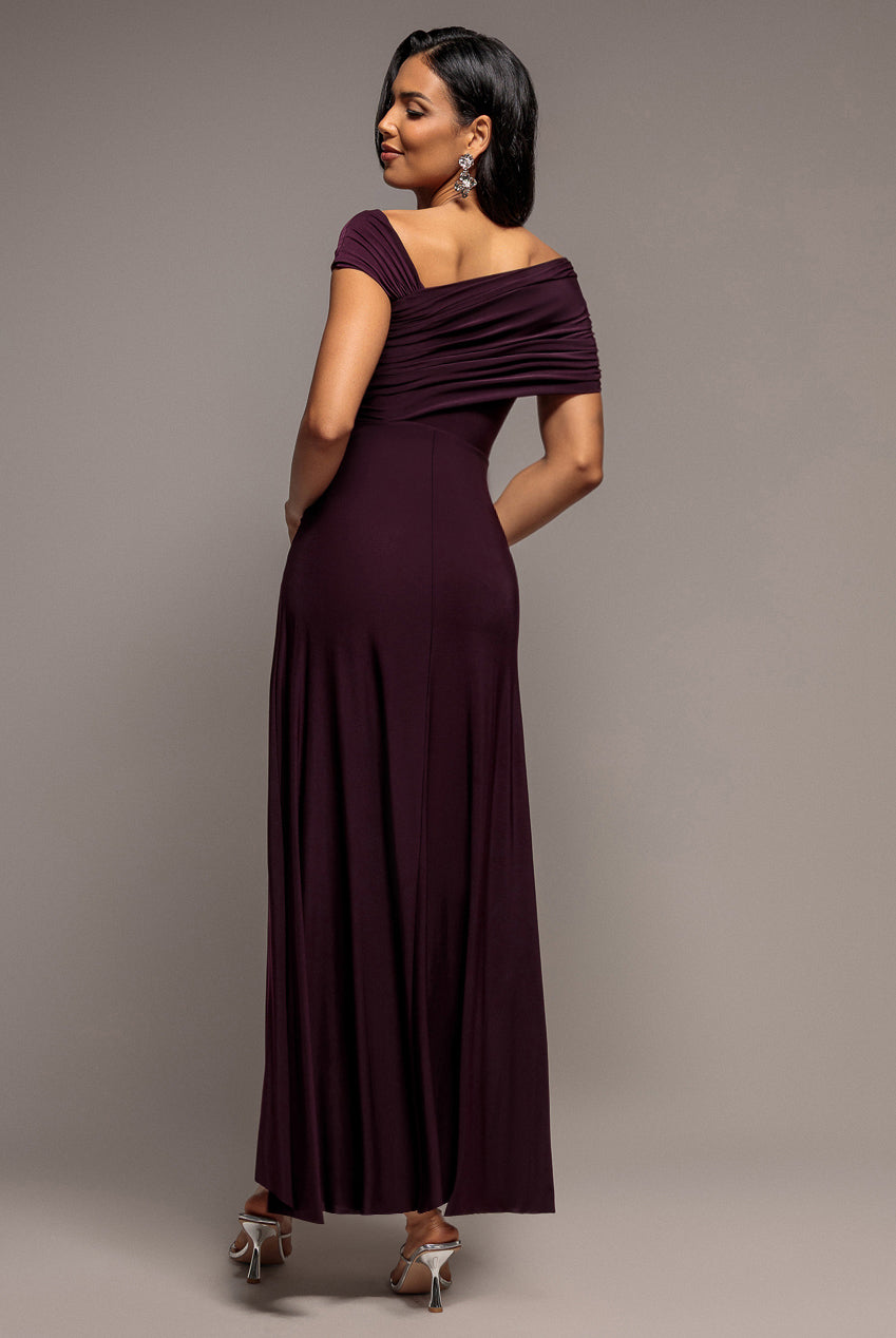 Goddiva Asymmetric Neck Gathered Waist Maxi Dress - Burgundy
