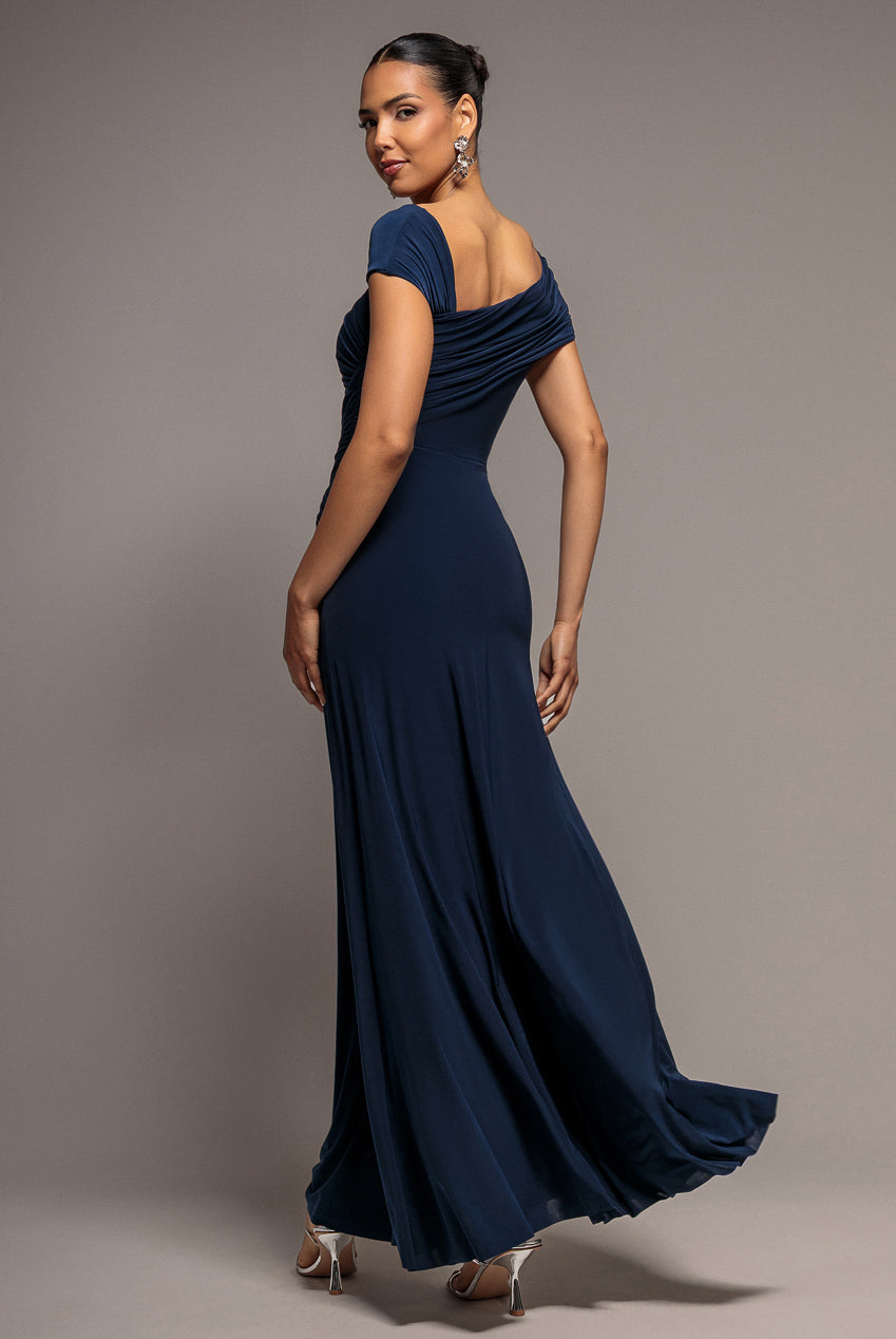 Goddiva Asymmetric Neck Gathered Waist Maxi Dress - Navy Blue