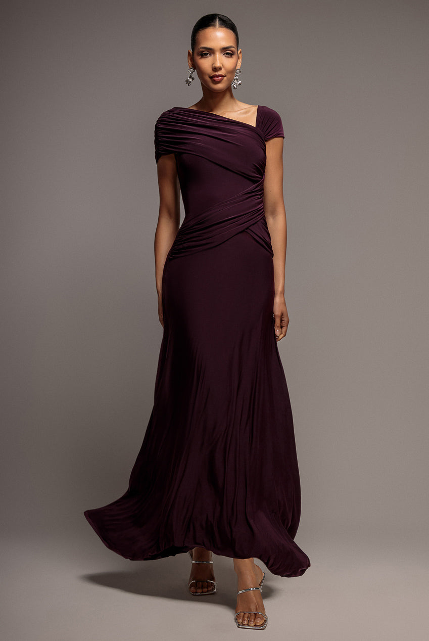 Goddiva Asymmetric Neck Gathered Waist Maxi Dress - Burgundy
