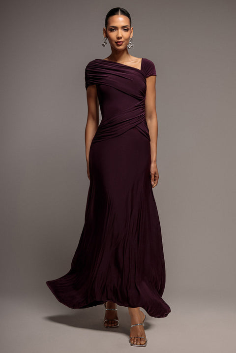 Goddiva Asymmetric Neck Gathered Waist Maxi Dress - Burgundy
