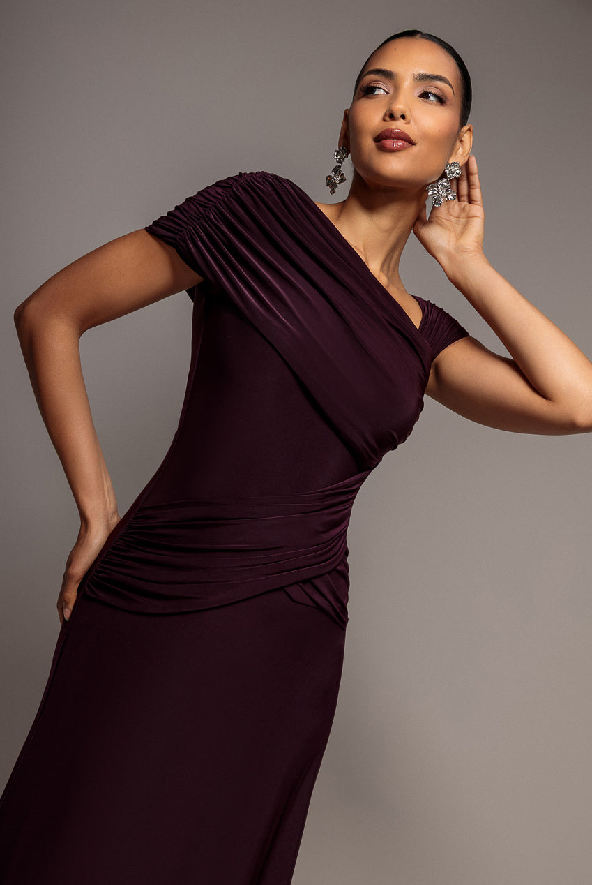 Goddiva Asymmetric Neck Gathered Waist Maxi Dress - Burgundy