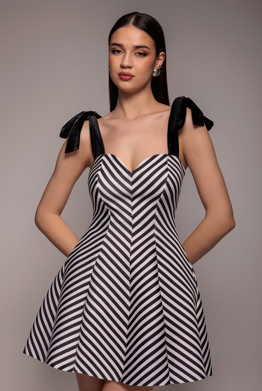 Goddiva Diagonal Stripe Velvet Bow A Line Mini Dress - Black White