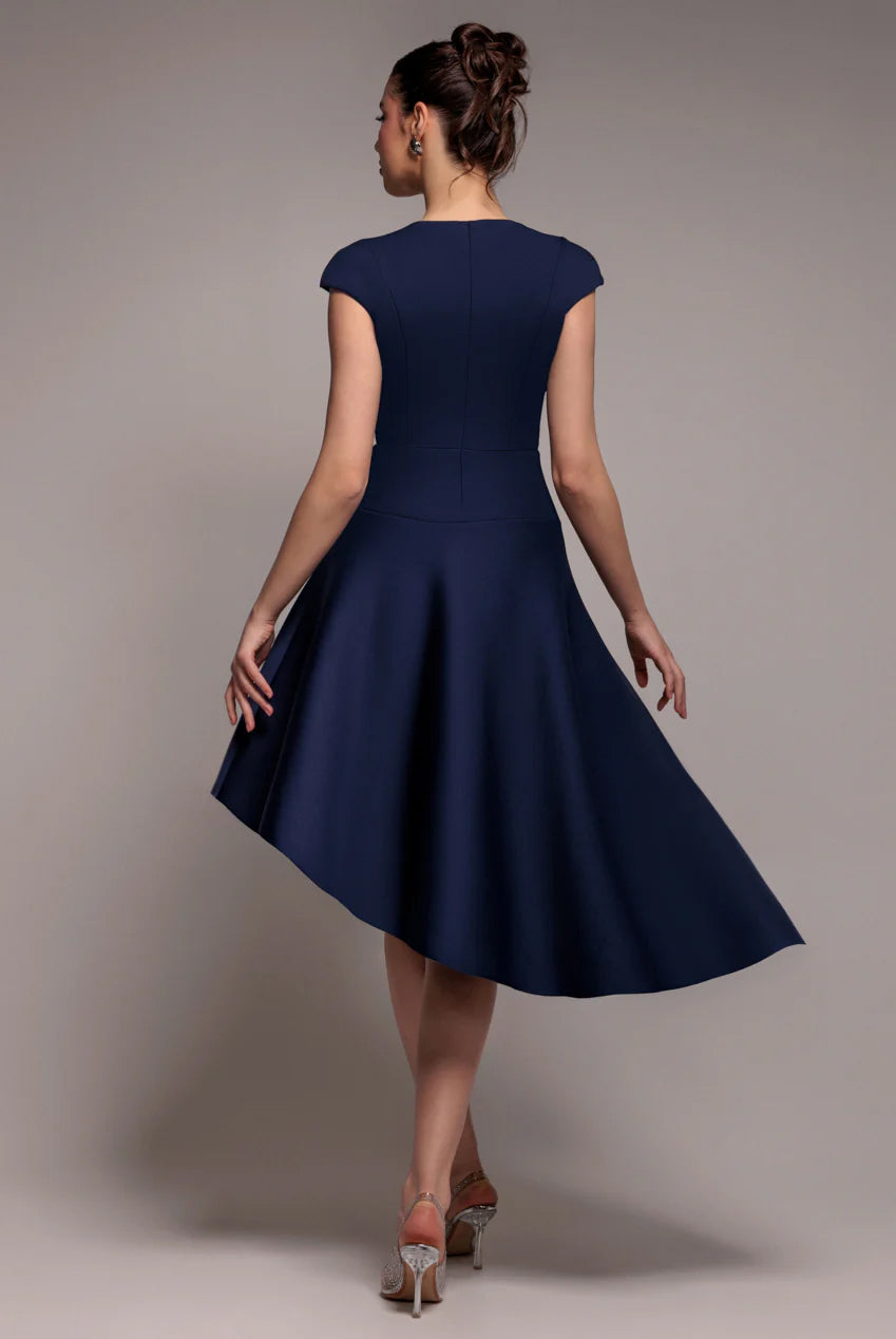 Goddiva Cap Sleeve Skater High Low Midi Dress - Navy Blue