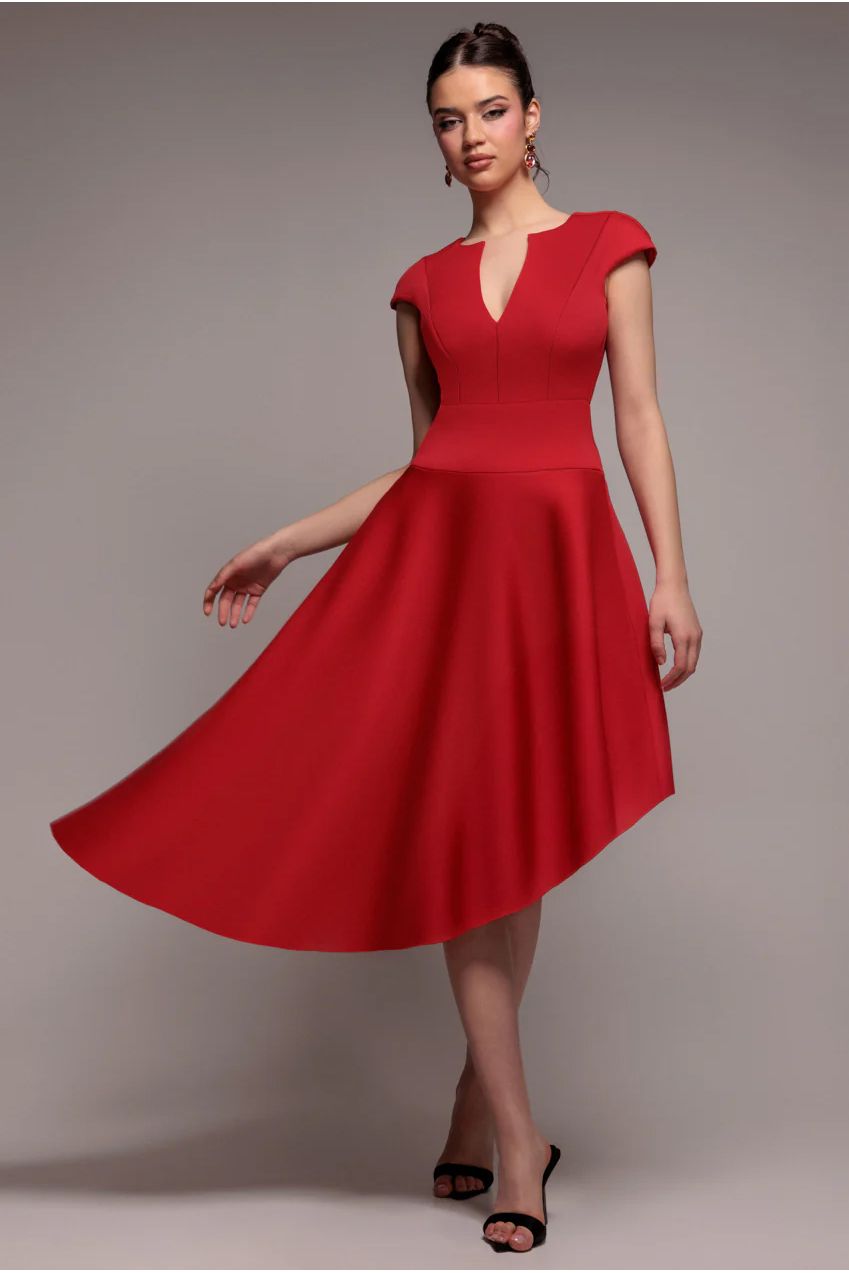 Goddiva Cap Sleeve Skater High Low Midi Dress - Red