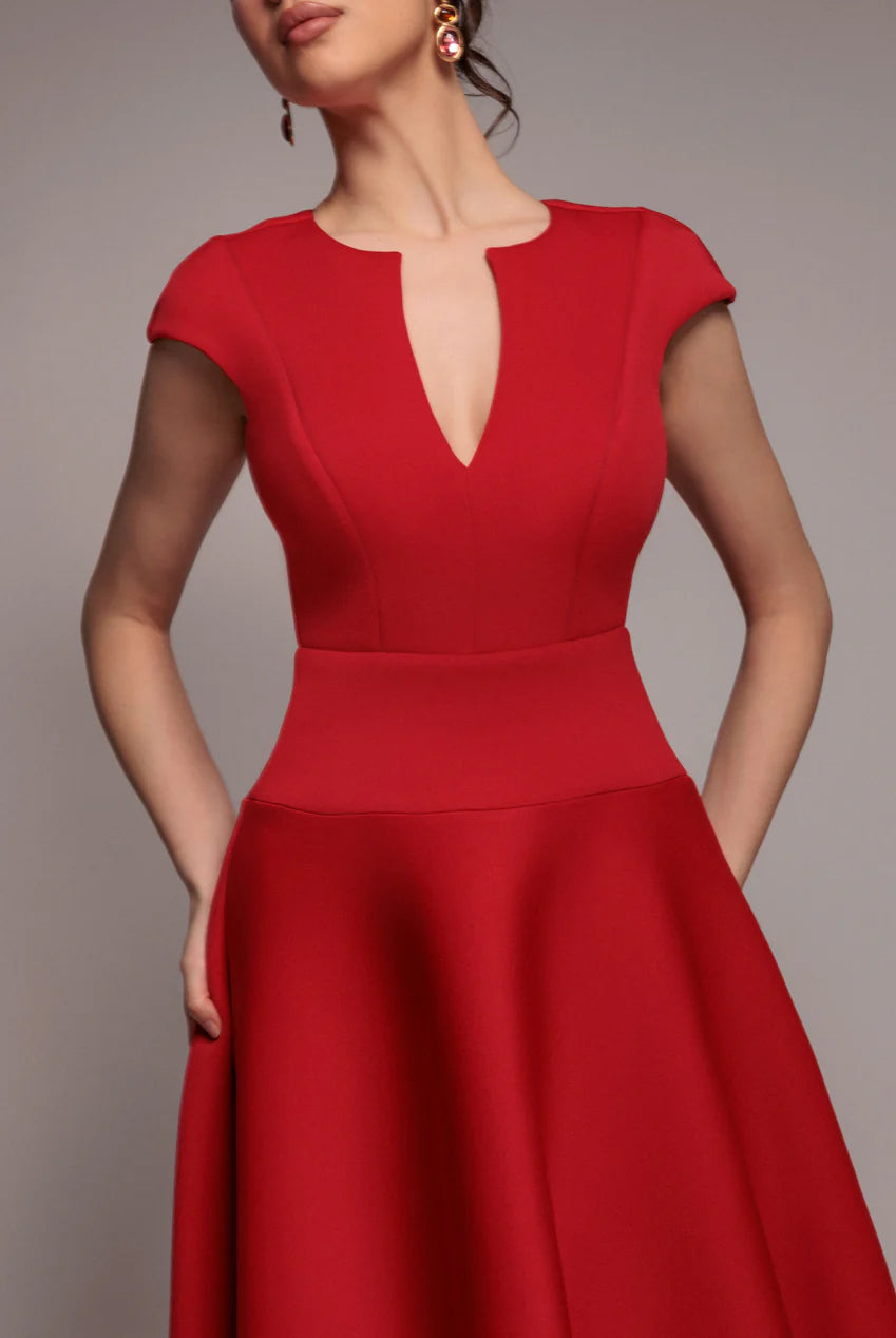 Goddiva Cap Sleeve Skater High Low Midi Dress - Red