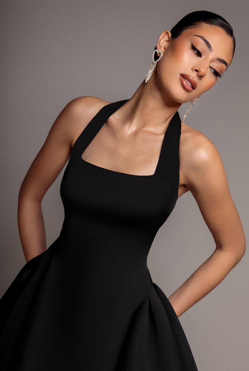 Goddiva Corset Fit And Flare Halter Neck Skater Mini Dress - Black