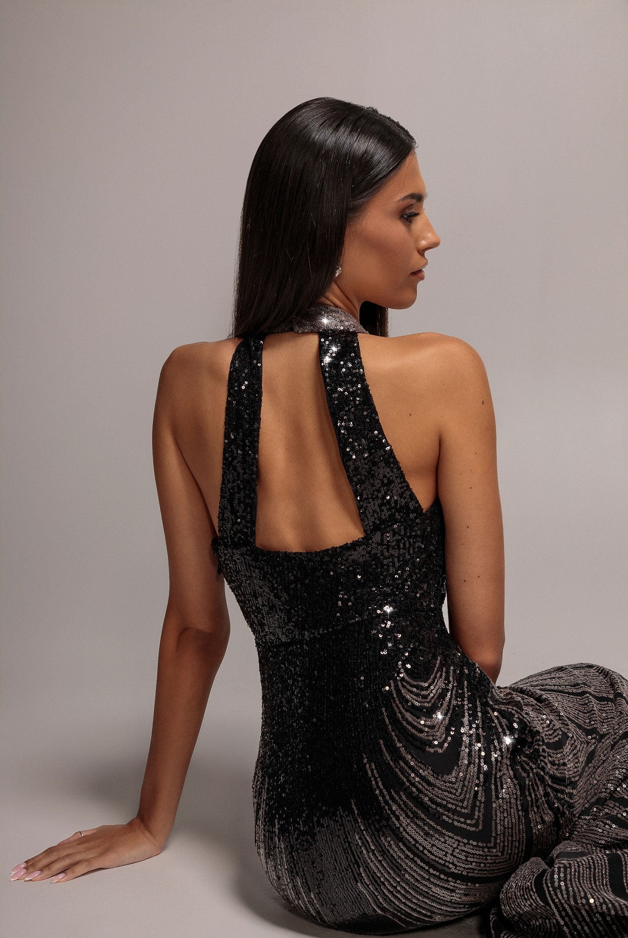 Goddiva Ombre Sequin Mosaic Halter Neck Maxi Dress - Black