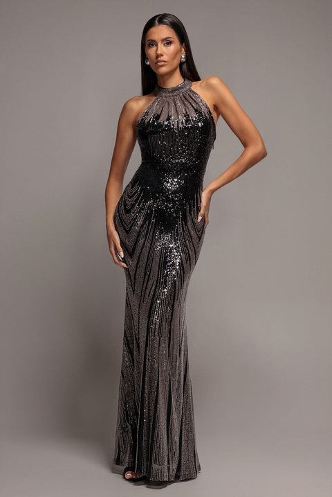 Goddiva Ombre Sequin Mosaic Halter Neck Maxi Dress - Black