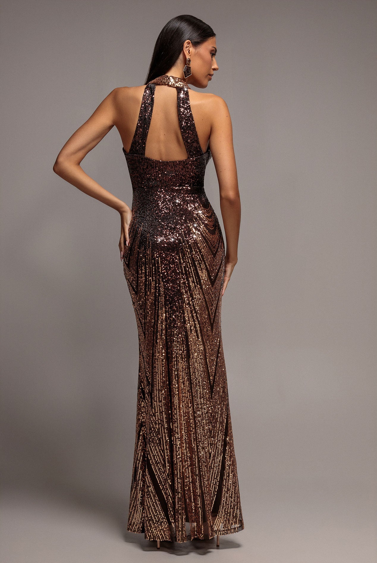 Goddiva Ombre Sequin Mosaic Halter Neck Maxi Dress - Brown