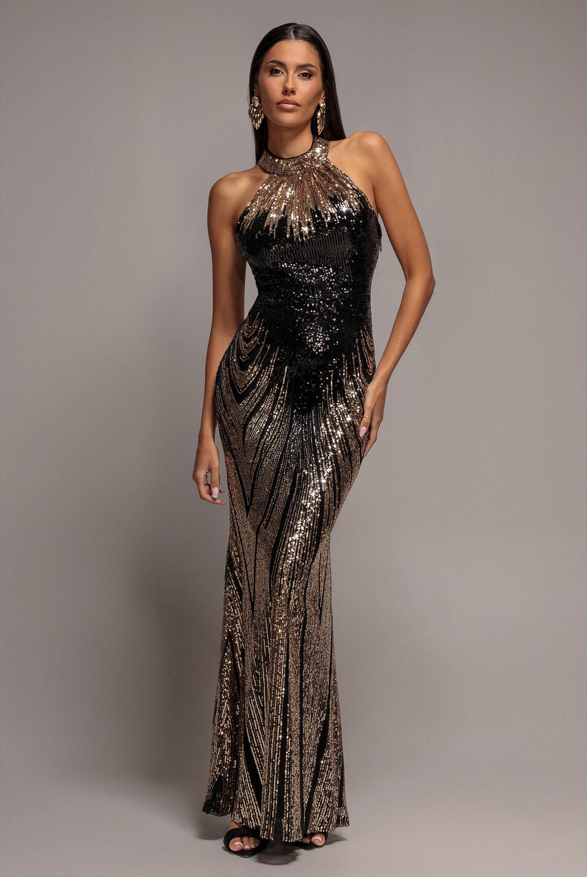 Goddiva Ombre Sequin Mosaic Halter Neck Maxi Dress - Gold