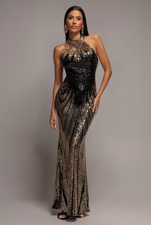Goddiva Ombre Sequin Mosaic Halter Neck Maxi Dress - Gold