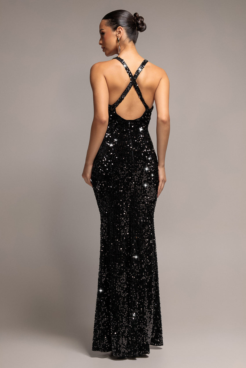 Goddiva Sequin & Velvet V Neck Cross Back Maxi Dress - Black