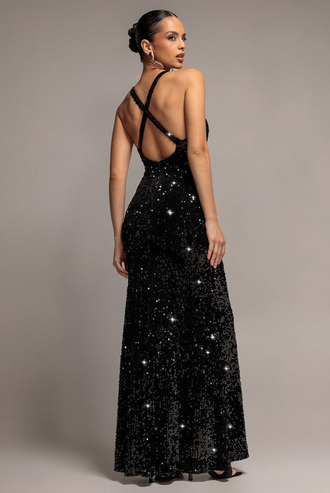 Goddiva Sequin & Velvet V Neck Cross Back Maxi Dress - Black