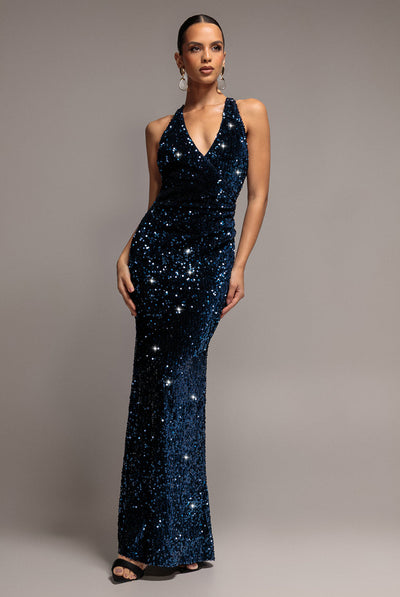 Navy - Goddiva Sequin & Velvet V Neck Cross Back Maxi Dress - Navy Blue