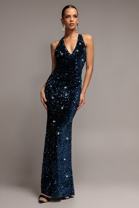 Goddiva Sequin & Velvet V Neck Cross Back Maxi Dress - Navy Blue
