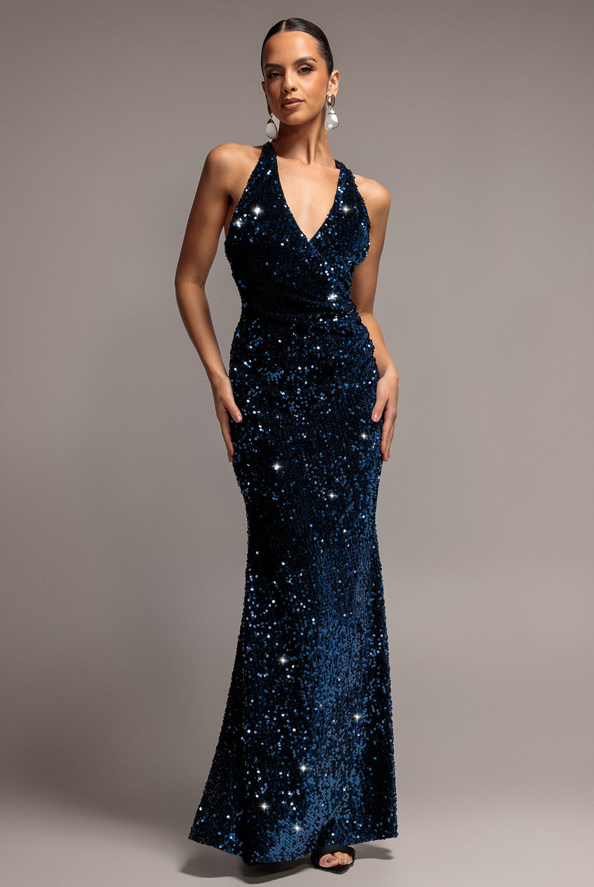 Goddiva Sequin & Velvet V Neck Cross Back Maxi Dress - Navy Blue