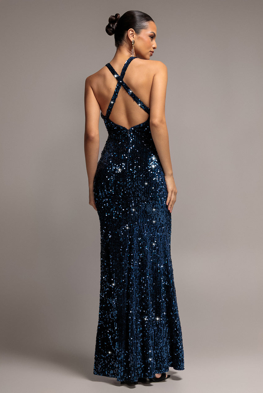 Goddiva Sequin & Velvet V Neck Cross Back Maxi Dress - Navy Blue