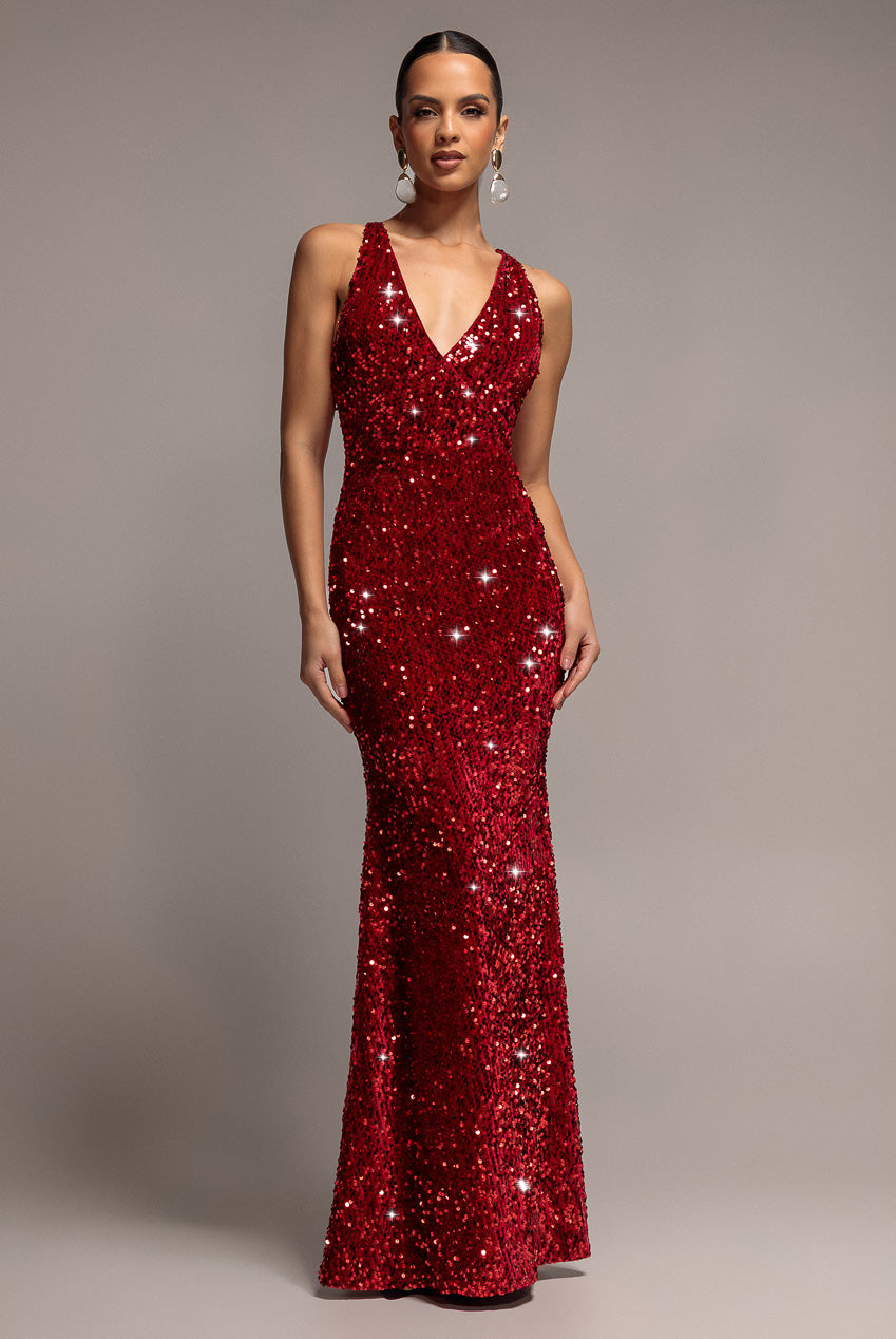 Goddiva Sequin & Velvet V Neck Cross Back Maxi Dress - Red