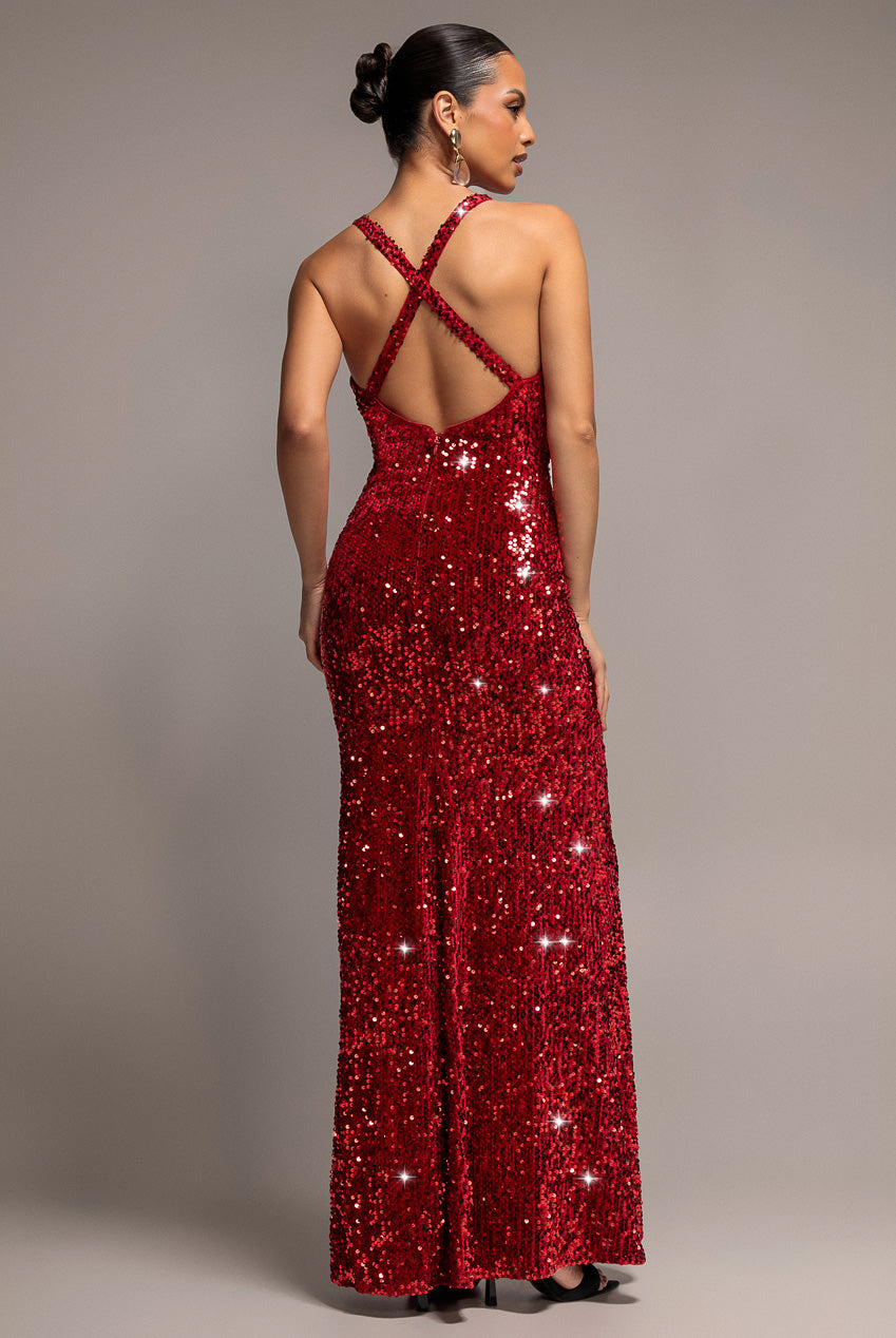 Goddiva Sequin & Velvet V Neck Cross Back Maxi Dress - Red