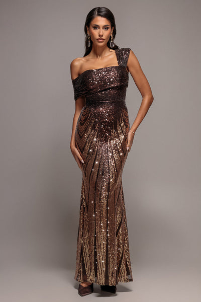 Goddiva Ombre Sequin One Shoulder Bardot Maxi Dress - Brown