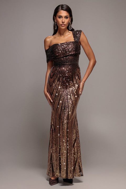 Goddiva Ombre Sequin One Shoulder Bardot Maxi Dress - Brown