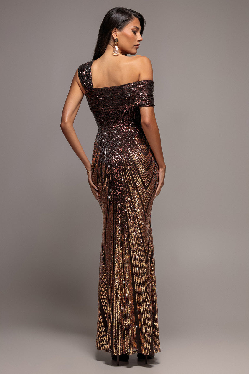 Goddiva Ombre Sequin One Shoulder Bardot Maxi Dress - Brown