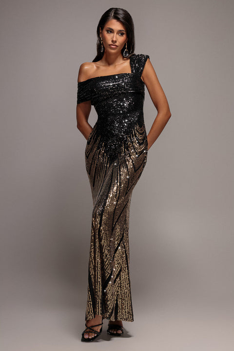 Goddiva Ombre Sequin One Shoulder Bardot Maxi Dress - Gold