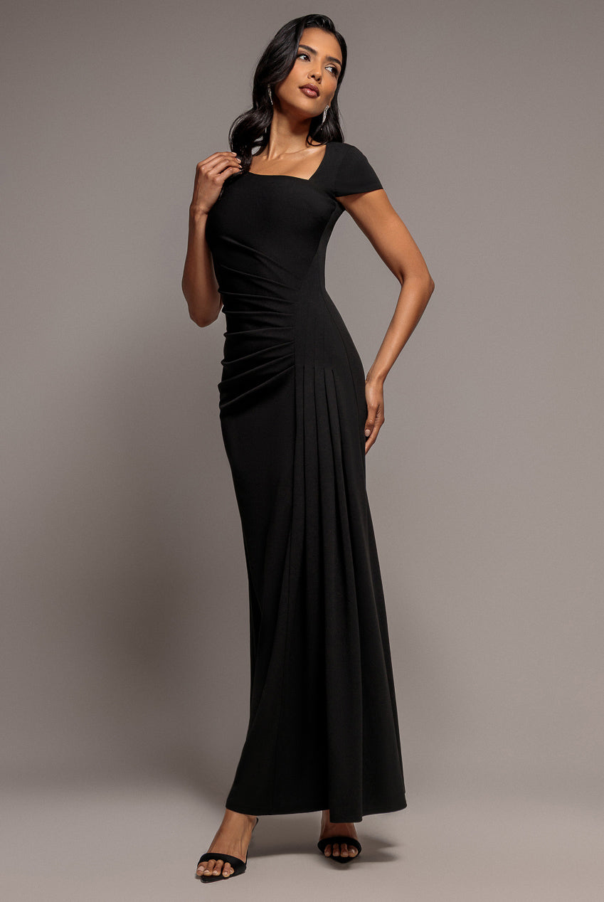 Goddiva Cap Sleeve Pleated Asymmetric Maxi Dress - Black