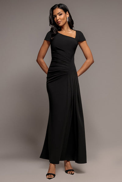 Black - Goddiva Cap Sleeve Pleated Asymmetric Maxi Dress - Black