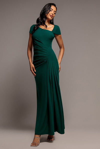 EmeraldGreen - Goddiva Cap Sleeve Pleated Asymmetric Maxi Dress - Emerald Green