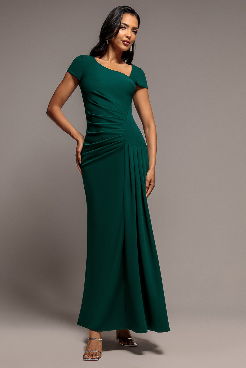 Goddiva Cap Sleeve Pleated Asymmetric Maxi Dress - Emerald Green