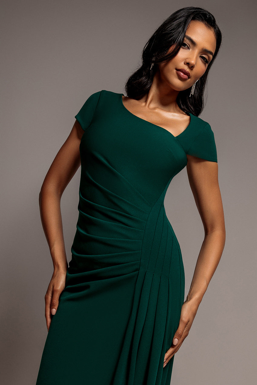 Goddiva Cap Sleeve Pleated Asymmetric Maxi Dress - Emerald Green