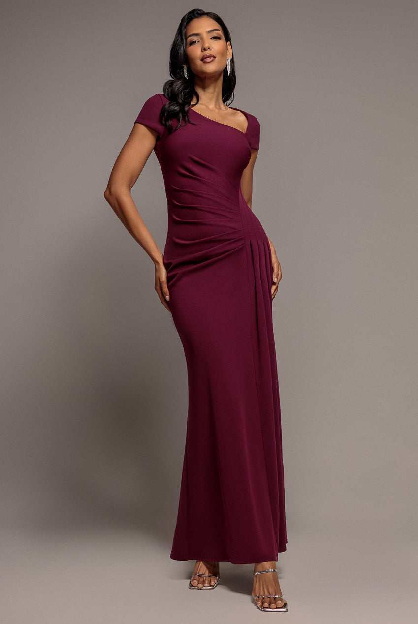 Goddiva Cap Sleeve Pleated Asymmetric Maxi Dress - Plum