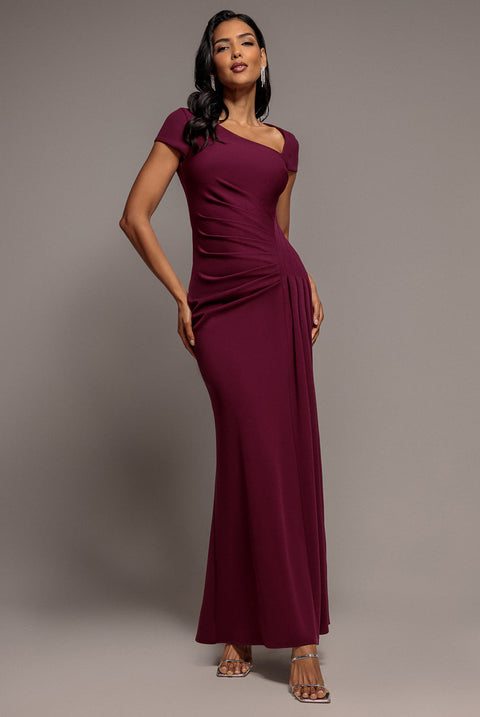 Goddiva Cap Sleeve Pleated Asymmetric Maxi Dress - Plum