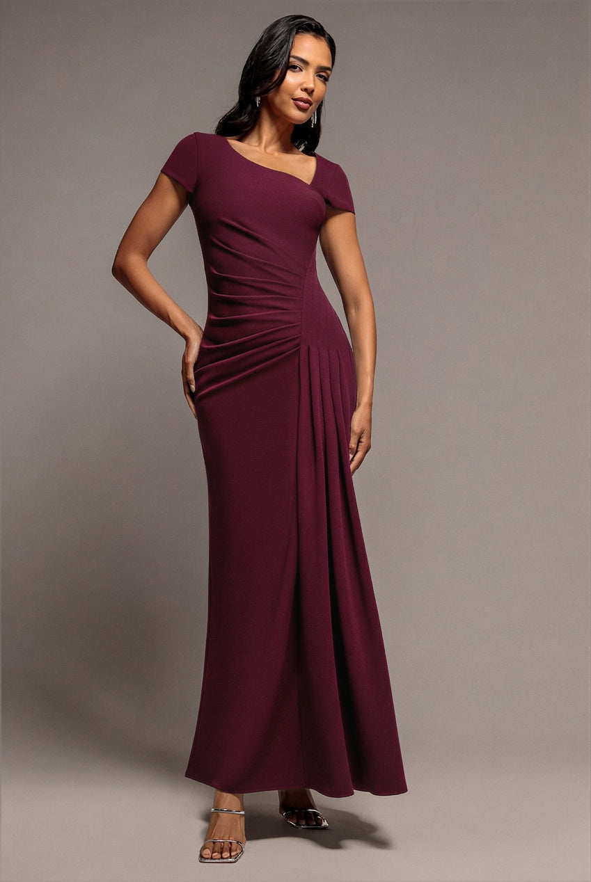 Goddiva Cap Sleeve Pleated Asymmetric Maxi Dress - Plum