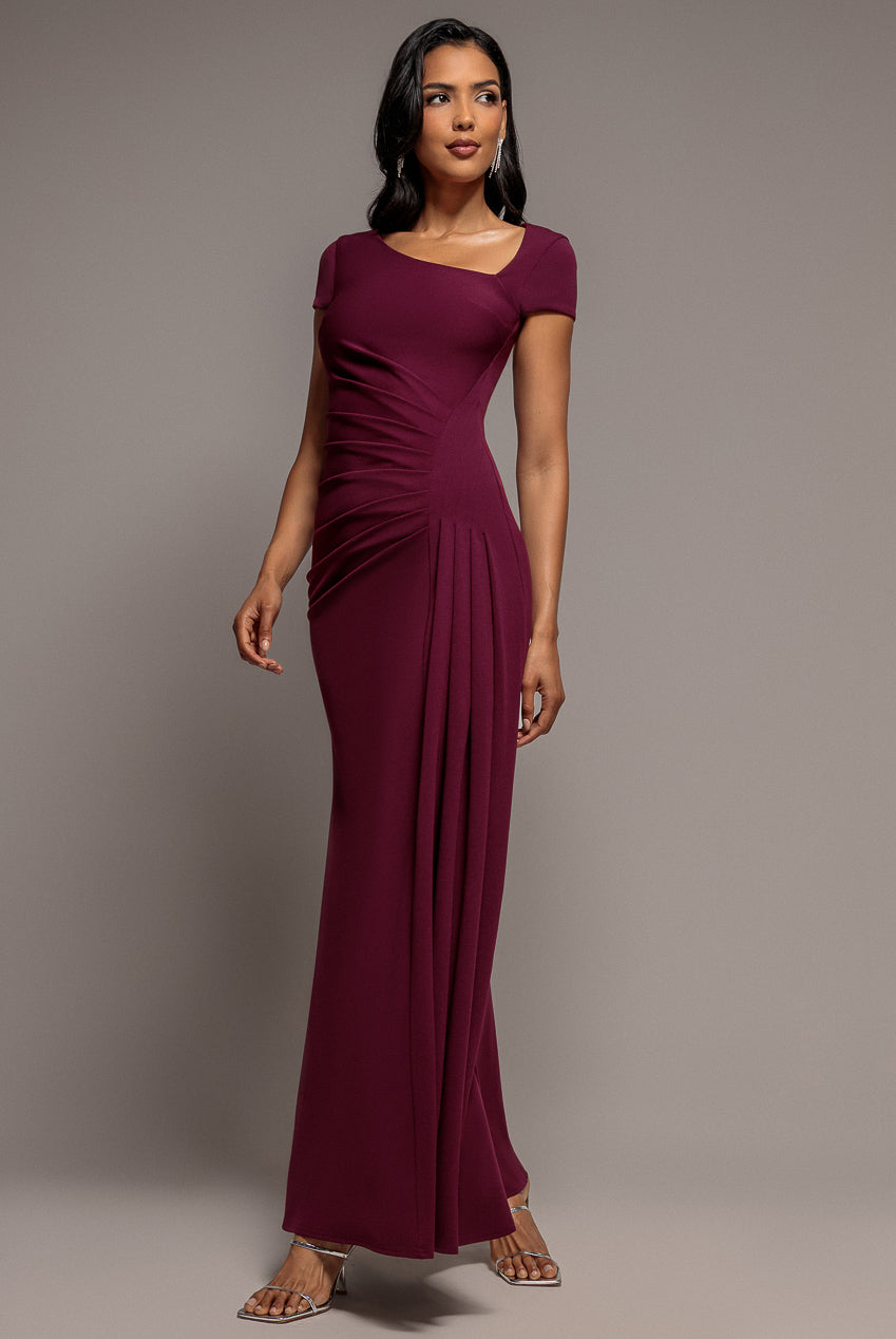 Goddiva Cap Sleeve Pleated Asymmetric Maxi Dress - Plum