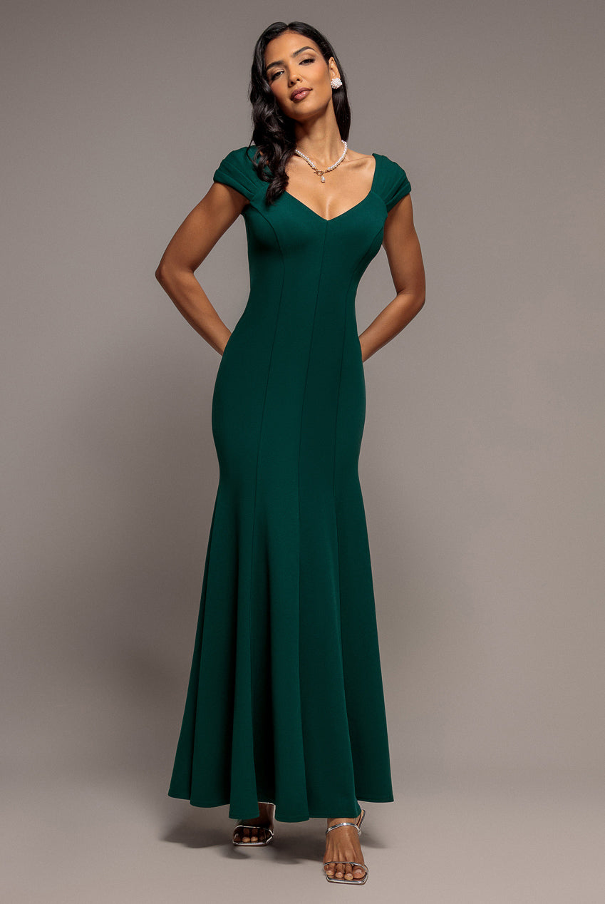 Goddiva Capped Sleeve V Neck Pleated Fit & Flare Maxi Dress - Emerald Green
