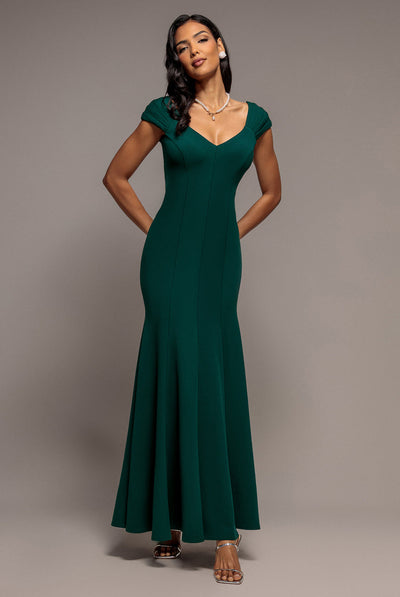 EmeraldGreen - Goddiva Capped Sleeve V Neck Pleated Fit & Flare Maxi Dress - Emerald Green