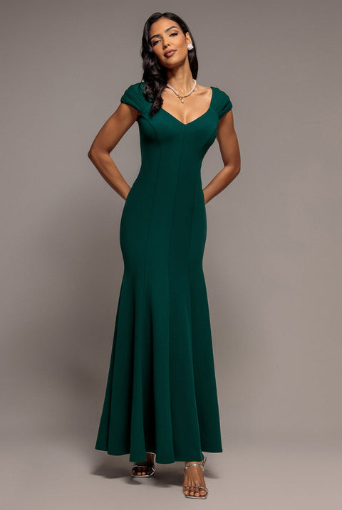 Goddiva Capped Sleeve V Neck Pleated Fit & Flare Maxi Dress - Emerald Green